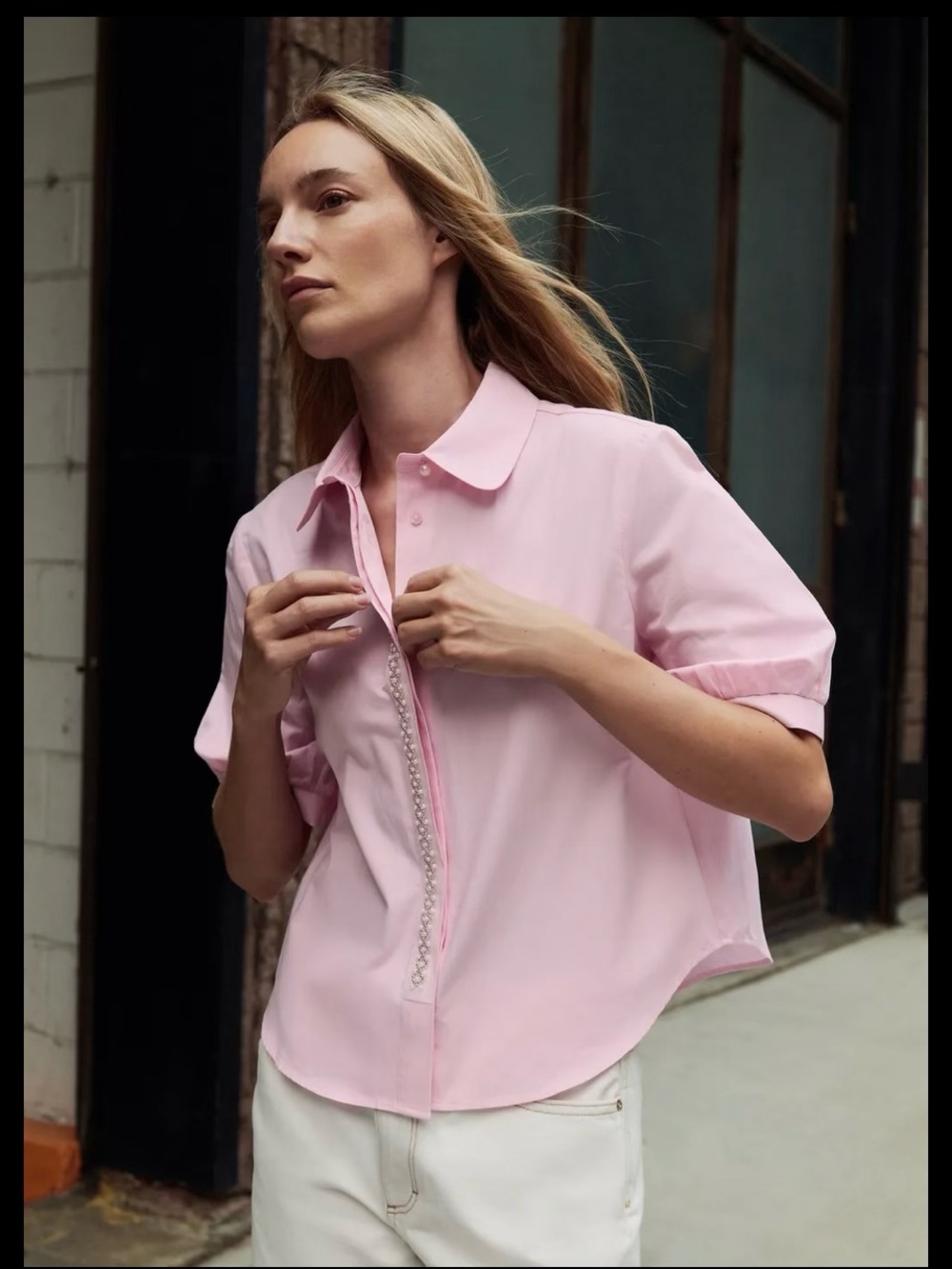 Pink Pearl & Beaded Trim Cotton Button-Front Blouse | 1/2 Sleeves | XL | NWT